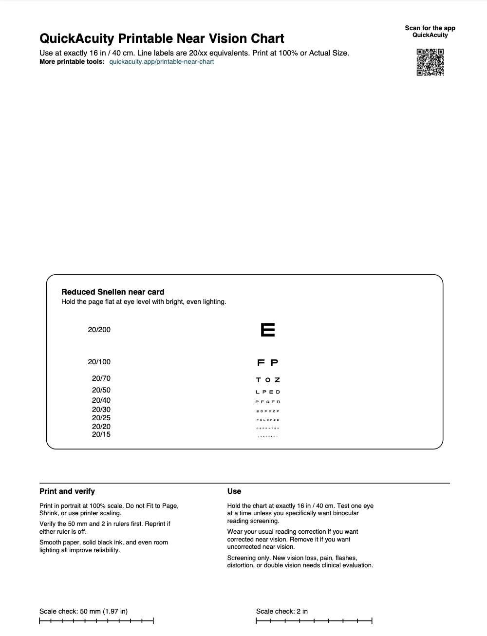 Low-resolution screenshot of the QuickAcuity printable near vision chart PDF