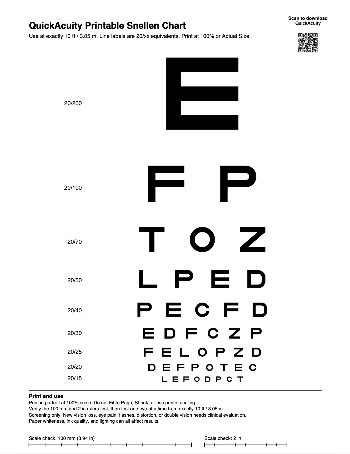 Low-resolution screenshot of the QuickAcuity printable Snellen chart PDF