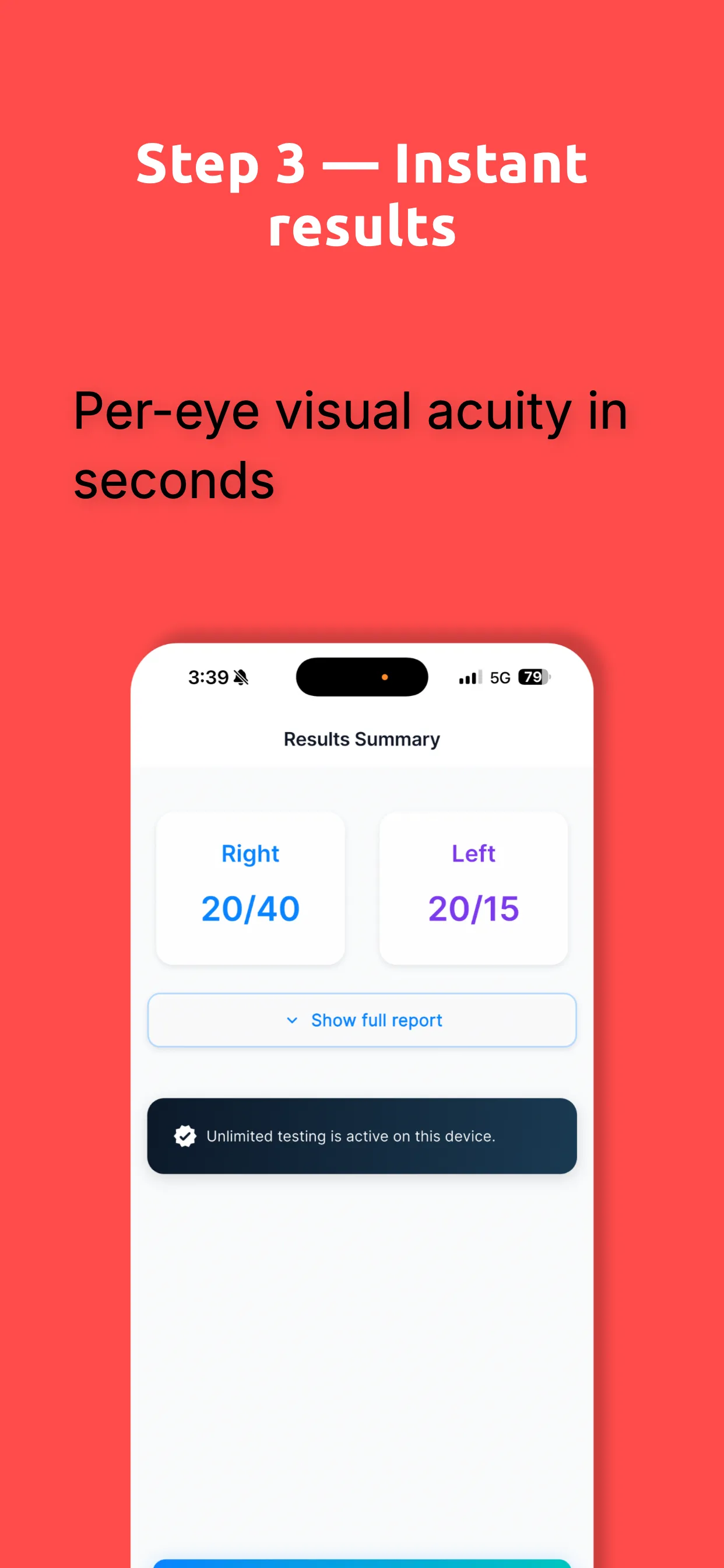 QuickAcuity vision test results screen showing 20/20 vision